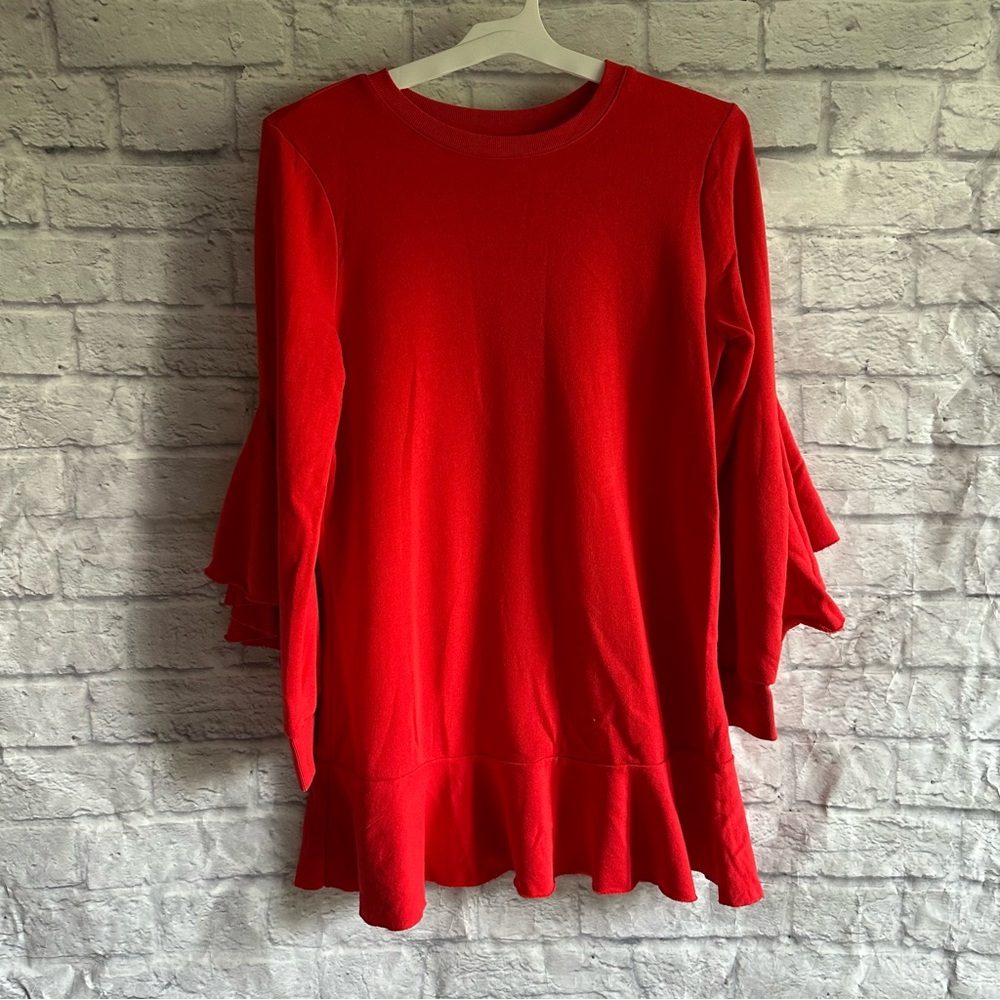 PREOWNED K/ LAB RUFFLE HEM LONG SLEEVE RED DRESS WOMENS XL